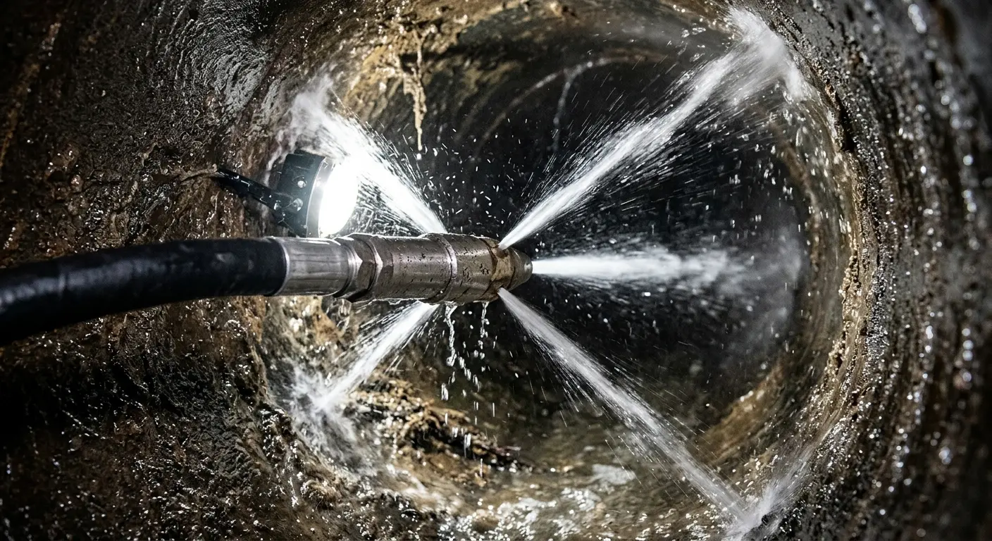 High-pressure hydro jetting nozzle cleaning sewer pipe for Trenchless Sewer Repair in Cary